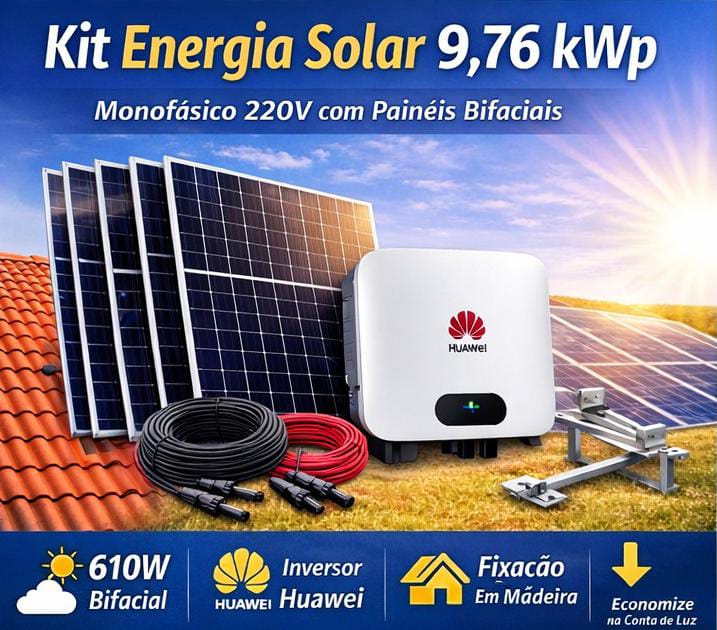 Kit Energia Solar Fotovoltaico 9,76 kWp – Monofásico 220V  Painéis Bifaciais 610W + Inversor Huawei 8 kW
